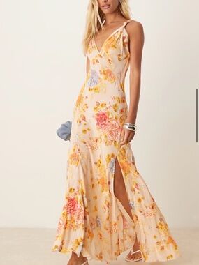 Never Fully Dressed Peach and Yellow Floral Slip Dress with V-Neck